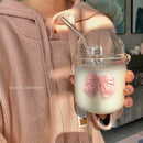 GobekUsa Glass Cup with Lid, Straw, and Pink Bow Tie: Cute, Simple, High-Value Coffee Cup