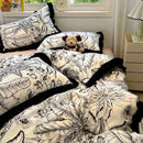 GobekUsa Korean Black White Hepburn Style Bedding Set with Lace Fitted Sheet Set