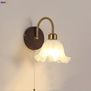 GobekUsa LED Wall Light Glass Fixture Pull Chain Switch Wood Bedside Sconce