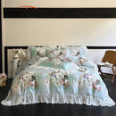 GobekUsa French Flowers Lace Ruffles Bedding Set: Soft Silky Ice Silk for Single Queen King