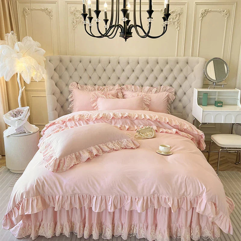 GobekUsa Korean Princess Lace Ruffles Bedding Set in Bean Paste Pink, photo 8 of 11