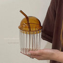 GobekUsa 450ml Striped Glass Cup with Lid and Straw, Ideal for Coffee, Juice, Milk, or Tea
