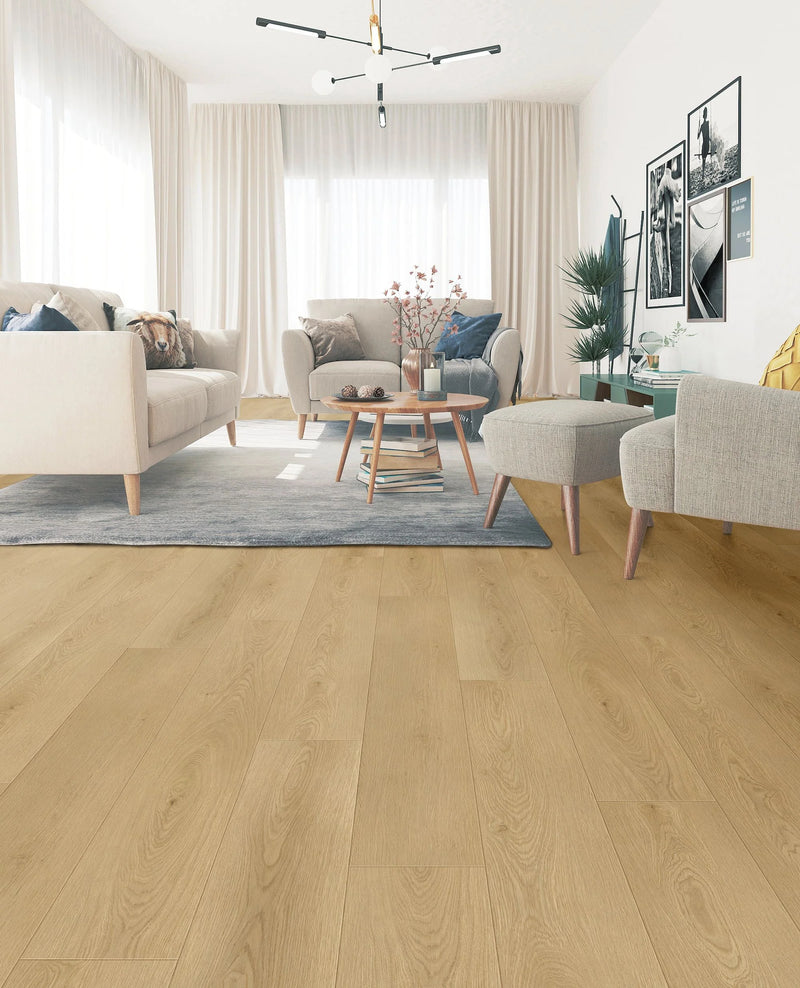 Sandy Beige Embossed Matte 9.25"x60" Waterproof Laminate Flooring 14mm - Evo