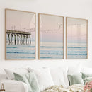 Pink Ocean Sunset Triptych. Wooden Pier, Waves, Seagulls by Wall Art Set
