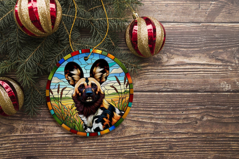 Savannah's Wild Dog Stained Glass Style Ceramic Ornament, Safari Animals Christmas Gift and Decor