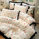 GobekUsa Korean Black White Hepburn Style Bedding Set with Lace Fitted Sheet Set