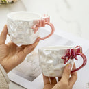 GobekUsa Bowknot Handle Porcelain Coffee Mug Set - Pearl Glazed Tea Cup Juice Cup