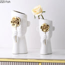 GobekUsa Gold Rose Relief Ceramic Vase, Elegant Desk Floral Vase for Room Decor