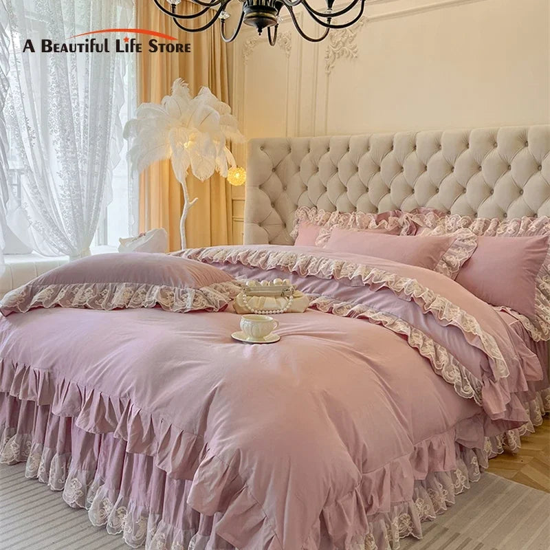 GobekUsa Korean Princess Lace Ruffles Bedding Set in Bean Paste Pink