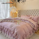 GobekUsa Korean Princess Lace Ruffles Bedding Set in Bean Paste Pink