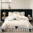 GobekUsa Korean Lace Ruffles Bedding Set with Black Bow Accent