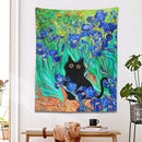 GobekUsa Irises Cat Tapestry: Van Gogh Inspired Black Cat Art & Floral Print