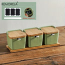 GobekUsa Japanese Retro Ceramic Seasoning Jar Set with Tray - 3-Piece Kitchen Organizer