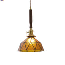 GobekUsa LED Adjustable Pendant Light Fixture Amber Glass Walnut Wood Bar Hanging Lamp