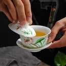 GobekUsa Lotus Hand-Drawn Gaiwan Tea Set - White Porcelain Jingdezhen Teapot Puer Cup