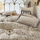 GobekUsa French Floral Print Double Layer Lace Ruffles Bedding Set