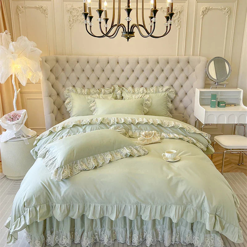 GobekUsa Korean Princess Lace Ruffles Bedding Set in Bean Paste Pink, photo 7 of 11