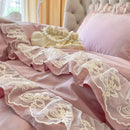 GobekUsa Korean Princess Lace Ruffles Bedding Set in Bean Paste Pink