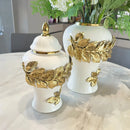 GobekUsa Golden Leaves Ceramic Flower Vase with Hand-embossed Flowers for Flower Arrangement