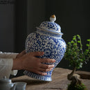 GobekUsa Blue & White Porcelain Jar with Gold Plating - Ceramic Storage & Desk Decor