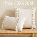 GobekUsa Boho Linen Cotton Pillow Cover with Tassels - Beige Square/Rectangular 45x45cm/30x50cm
