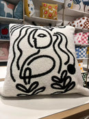 GobekUsa Lambswool Face Embroidered Cushion Cover 45x45 - Beige White Abstract Art Pillowcase