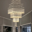 GobekUsa Crystal Ceiling Chandelier: Modern Columnar Square Base Hanging Lamp for Living Room & Staircase