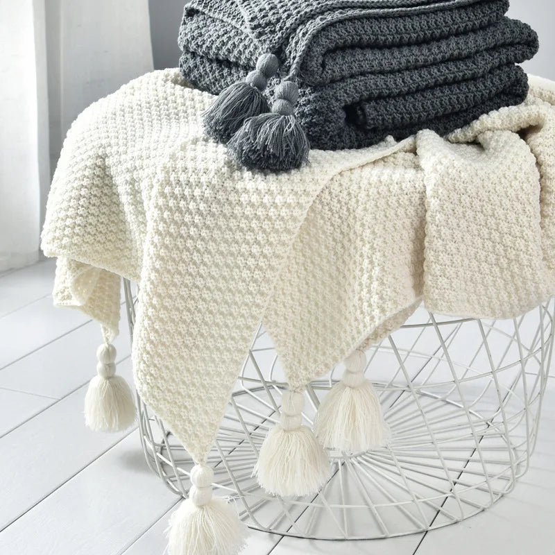 GobekUsa Knitted Sofa Throw Blanket with Fringe Yarn