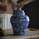 GobekUsa Blue & White Porcelain Jar with Gold Plating - Ceramic Storage & Desk Decor