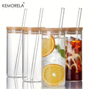 GobekUsa 4-Piece Set Clear Glass Tumbler Cups with Bamboo Lids and Straws - 600ML