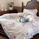 GobekUsa French Flowers Lace Ruffles Princess Bedding Set with Bed Sheet Pillowcases
