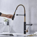 GobekUsa Brushed Gold Kitchen Faucet with Pull Down Black Spring Spout - Hot Cold Mixer