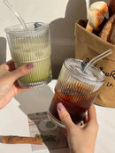 GobekUsa 1/2PCS 450ml Stripe Glass Cup with Lid and Straw | Stylish Party Beverage Glasses