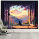 GobekUsa Dreamy Window Cat Tapestry Landscape Wall Cloth for Bedroom & Living Room