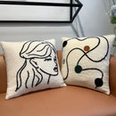GobekUsa Lambswool Face Embroidered Cushion Cover 45x45 - Beige White Abstract Art Pillowcase