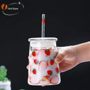 GobekUsa Glass Cup Set with Lip Straws for Cold Drinks, Handmade, 600ml Strawberry Flavor