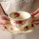 GobekUsa Blooming Roses Porcelain Coffee Mug with Golden Edge & Saucer