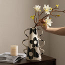 GobekUsa Geometric Check Pattern Ceramic Vase with Handle for Home Decoration