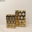 GobekUsa Golden Square Ceramic Vase with Artificial Flowers for Room Aesthetic Decor