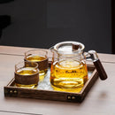 GobekUsa Glass Tea Set with Wooden Handle Teapot on Retro Glass Tray
