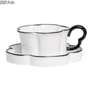 GobekUsa Black Edged Flower Mug Set - Ceramic Cup & Saucer for Tea, Coffee, and Juice