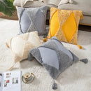 GobekUsa Boho Tufted Embroidered Cotton Canvas Cushion Cover Grey Beige Tassel Pillowcase