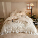 GobekUsa French Lace Ruffles Princess Bedding Set with Warm Milk Velvet Duvet Cover