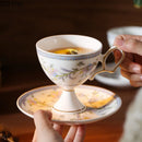 GobekUsa Gold Flower Ceramic Cup & Saucer Set - Elegant Goblet Mugs for Coffee, Tea, Juice