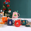GobekUsa Christmas Ceramic Mug Set with Lid, Spoon - Festive Santa Claus & Elk Design