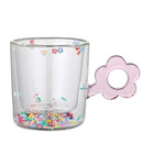 GobekUsa 250ml Double Wall Glass Mug with Glitter Flowers and Flower Handle