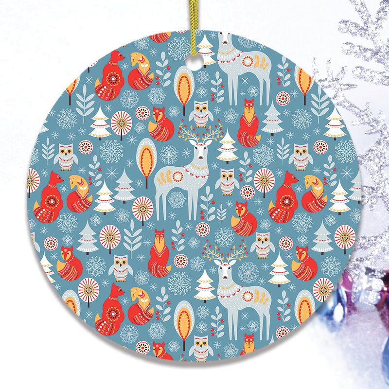 Scandinavian Folk Forest Animal Pattern Christmas Ornament, Deer, Fox, and Owl