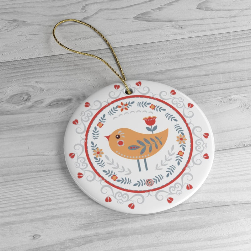 Scandinavian Yellow Bird Christmas Ornament, Ethnic Floral Pattern, Folk Illustration