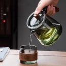 GobekUsa Glass Tea Set with Wooden Handle Teapot on Retro Glass Tray
