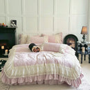 GobekUsa Lace Ruffles Velvet Wedding Bedding Set with Carved Details